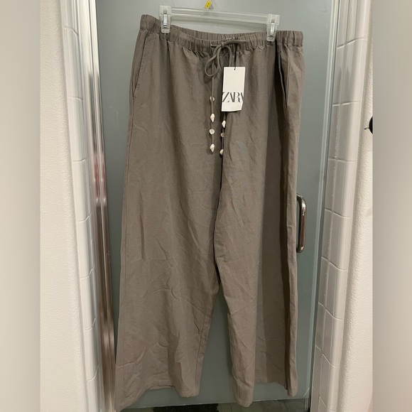 NEW Zara olive green WIDE LEG PANTS WITH SEASHELL TIES - Picture 2 of 8